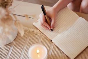 A person journals about addiction recovery.